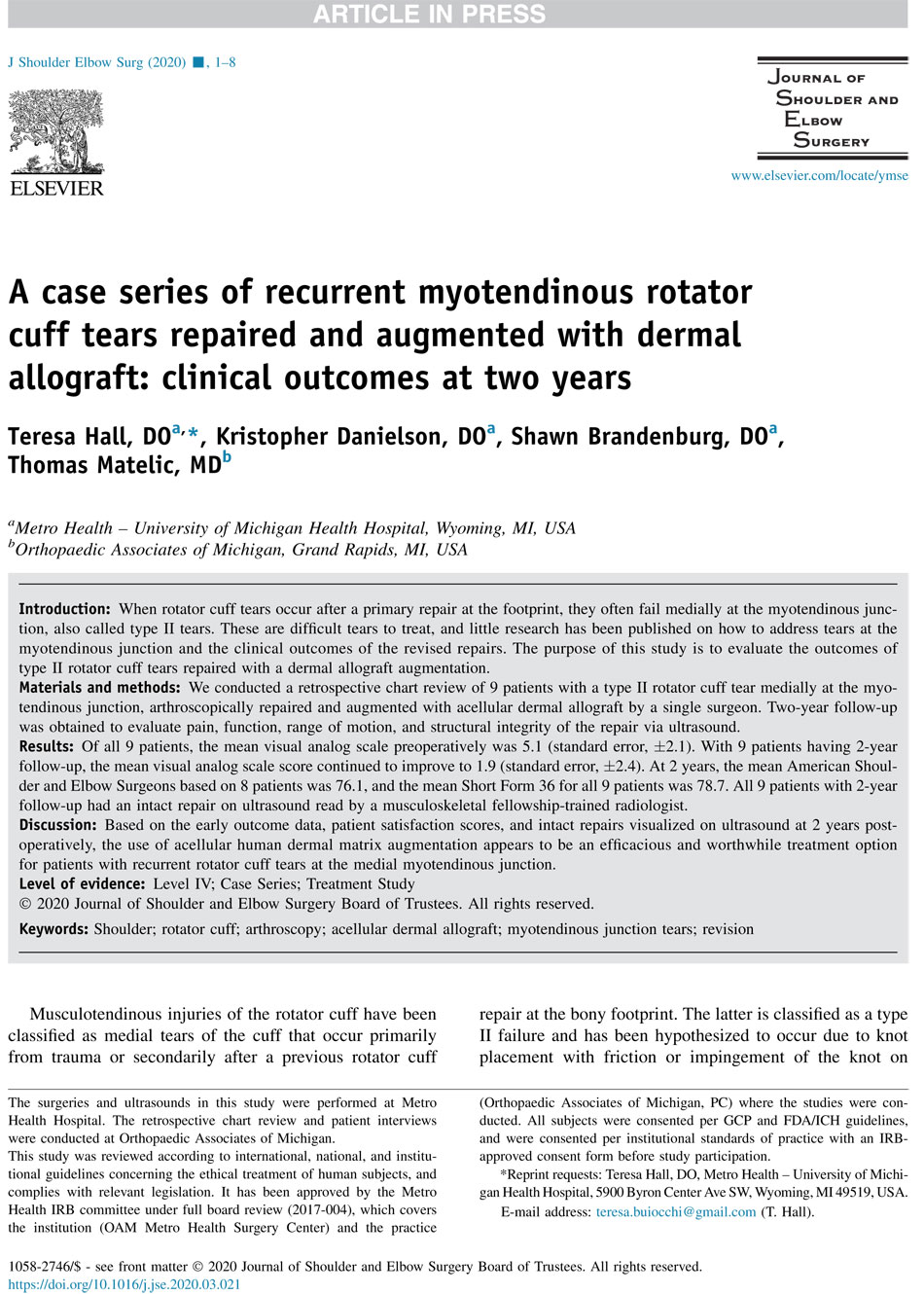 Dr Matelic’s Surgical Technique And Results For Treating Difficult Rotator Cuff Tears At The